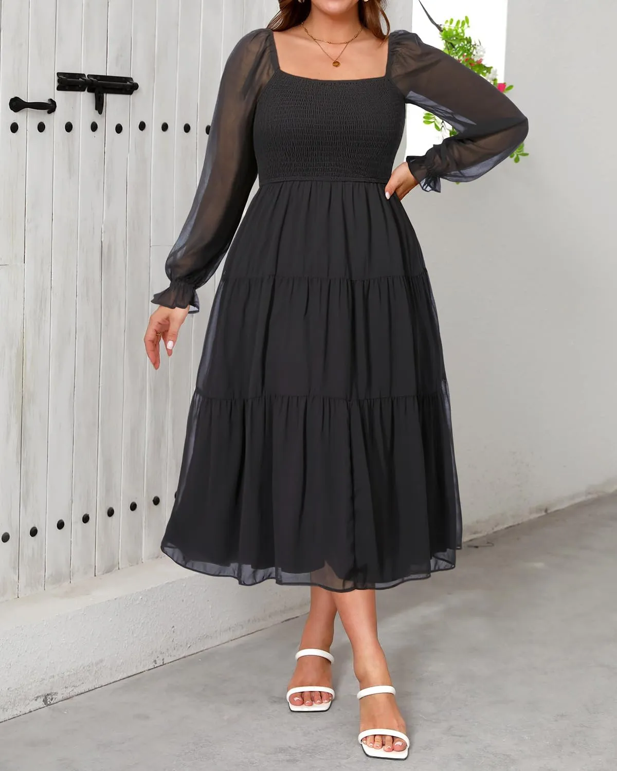 Pinup Fashion Plus Size Fall Dress Wedding Guest - Long Sleeve Graduation Boho Chiffon Smocked Midi Dresses