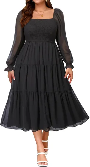 Pinup Fashion Plus Size Fall Dress Wedding Guest - Long Sleeve Graduation Boho Chiffon Smocked Midi Dresses