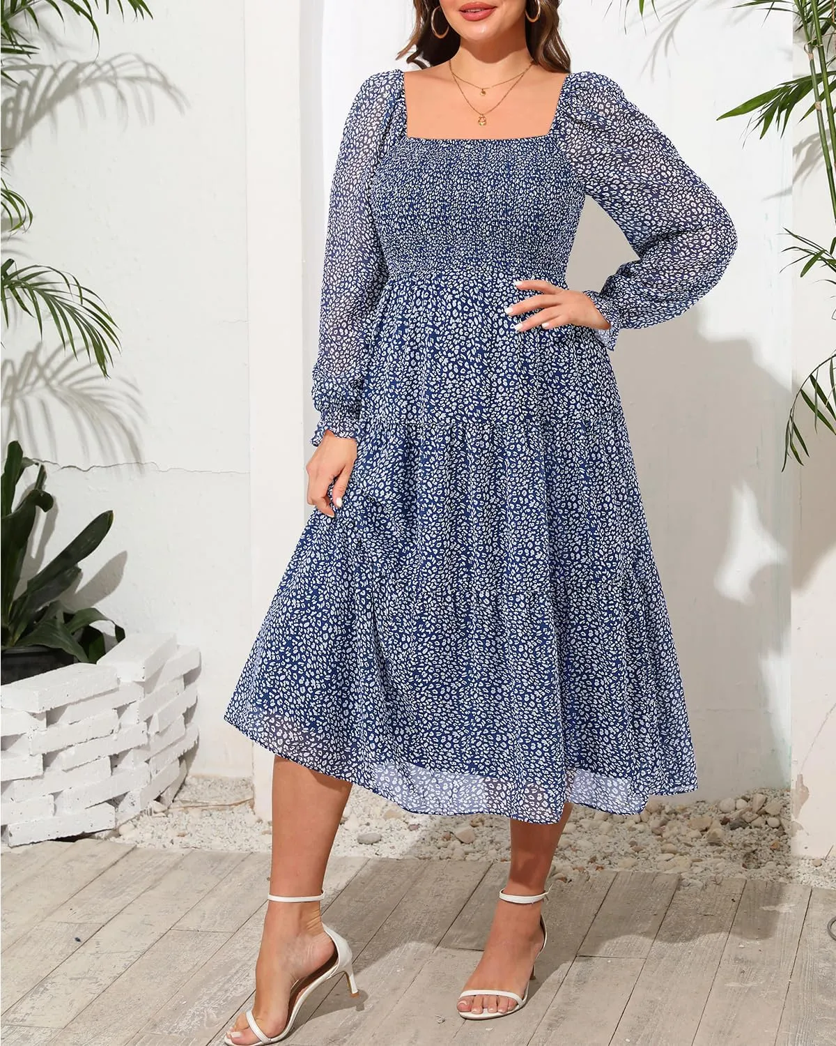 Pinup Fashion Plus Size Fall Dress Wedding Guest - Long Sleeve Graduation Boho Chiffon Smocked Midi Dresses