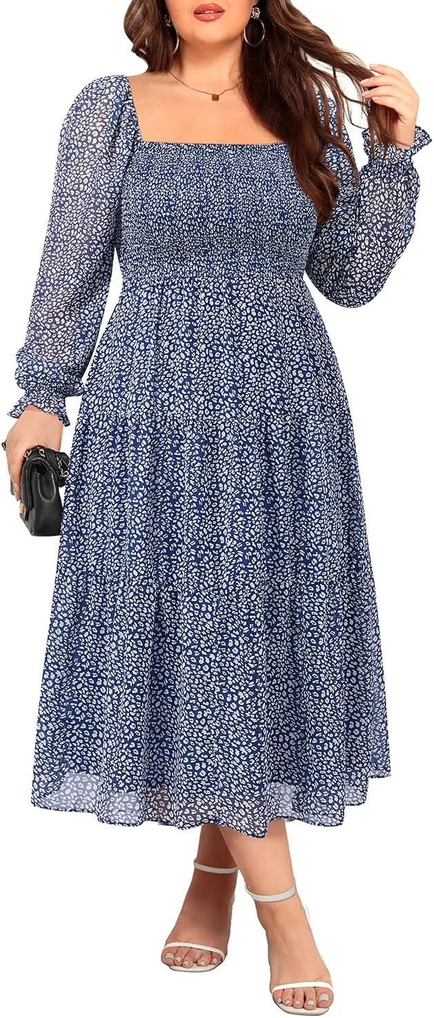 Pinup Fashion Plus Size Fall Dress Wedding Guest - Long Sleeve Graduation Boho Chiffon Smocked Midi Dresses