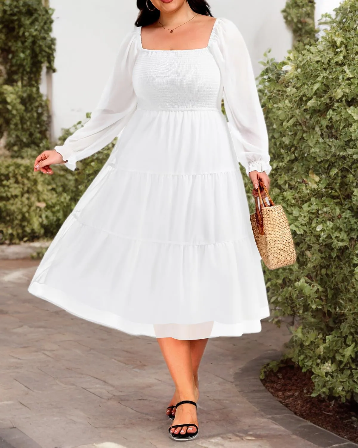 Pinup Fashion Plus Size Fall Dress Wedding Guest - Long Sleeve Graduation Boho Chiffon Smocked Midi Dresses