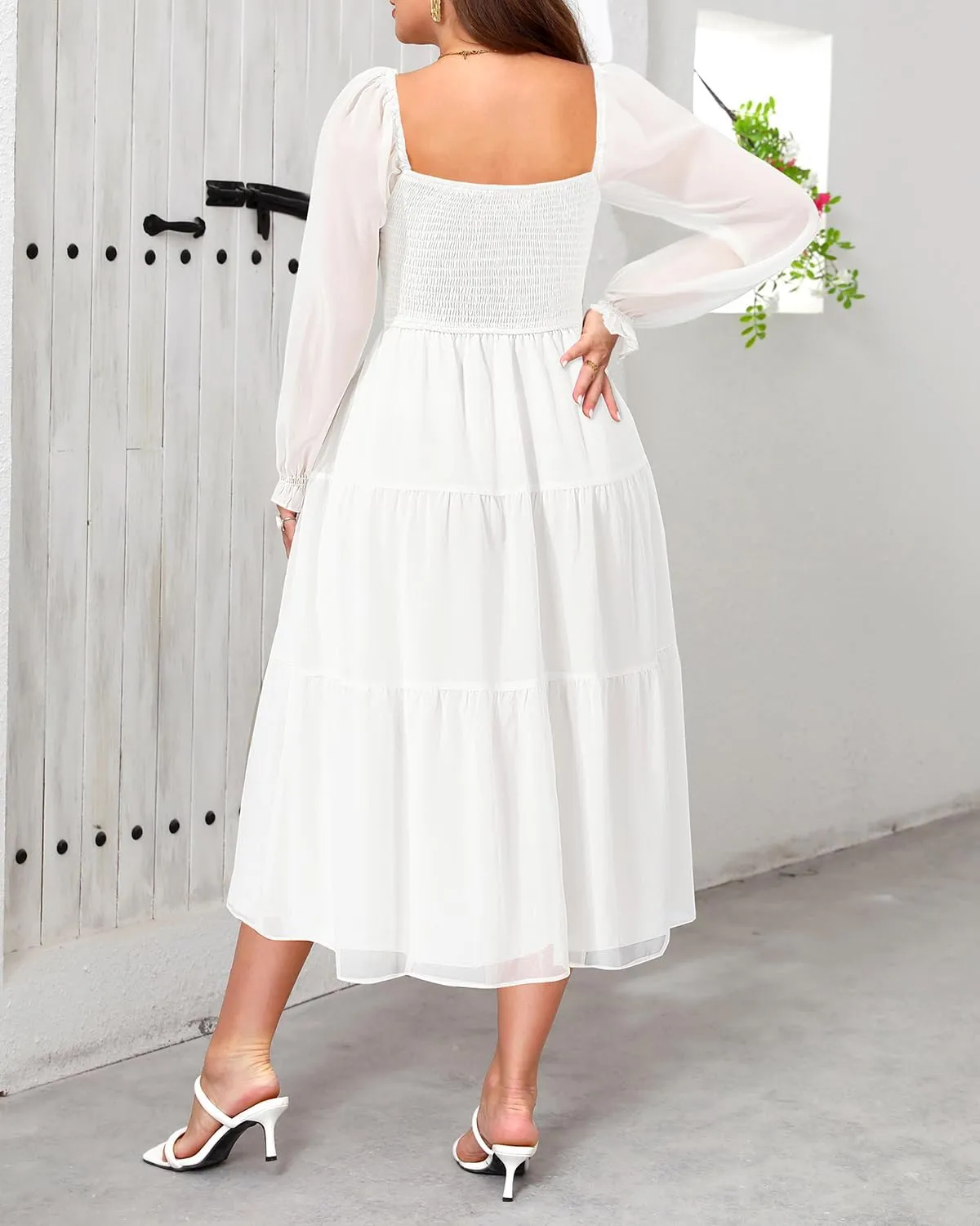 Pinup Fashion Plus Size Fall Dress Wedding Guest - Long Sleeve Graduation Boho Chiffon Smocked Midi Dresses