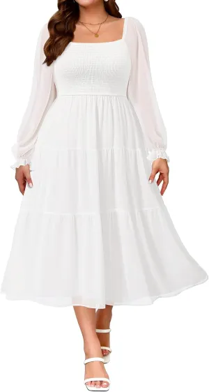 Pinup Fashion Plus Size Fall Dress Wedding Guest - Long Sleeve Graduation Boho Chiffon Smocked Midi Dresses