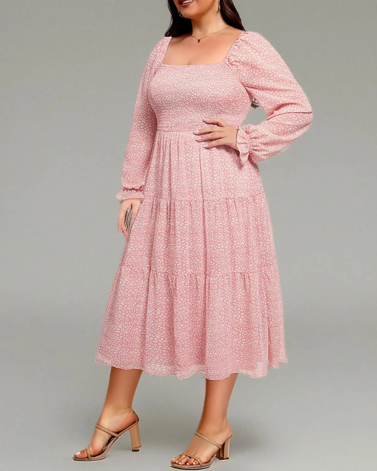 Pinup Fashion Plus Size Fall Dress Wedding Guest - Long Sleeve Graduation Boho Chiffon Smocked Midi Dresses