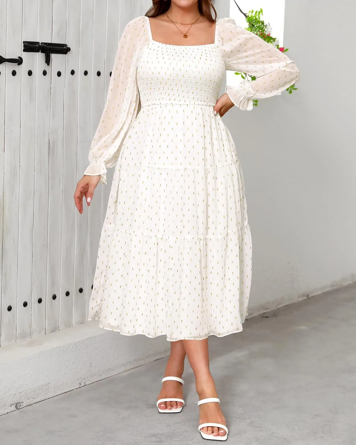 Pinup Fashion Plus Size Fall Dress Wedding Guest - Long Sleeve Graduation Boho Chiffon Smocked Midi Dresses