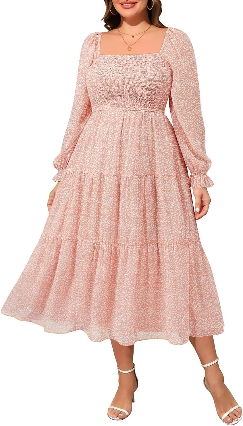Pinup Fashion Plus Size Fall Dress Wedding Guest - Long Sleeve Graduation Boho Chiffon Smocked Midi Dresses