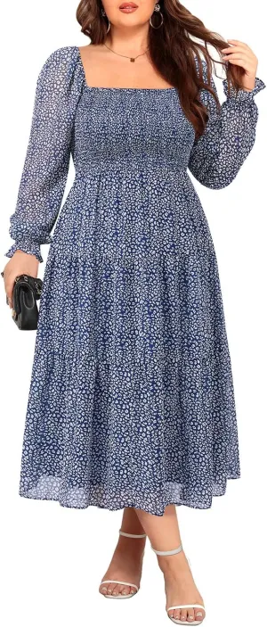 Pinup Fashion Plus Size Fall Dress Wedding Guest - Long Sleeve Graduation Boho Chiffon Smocked Midi Dresses