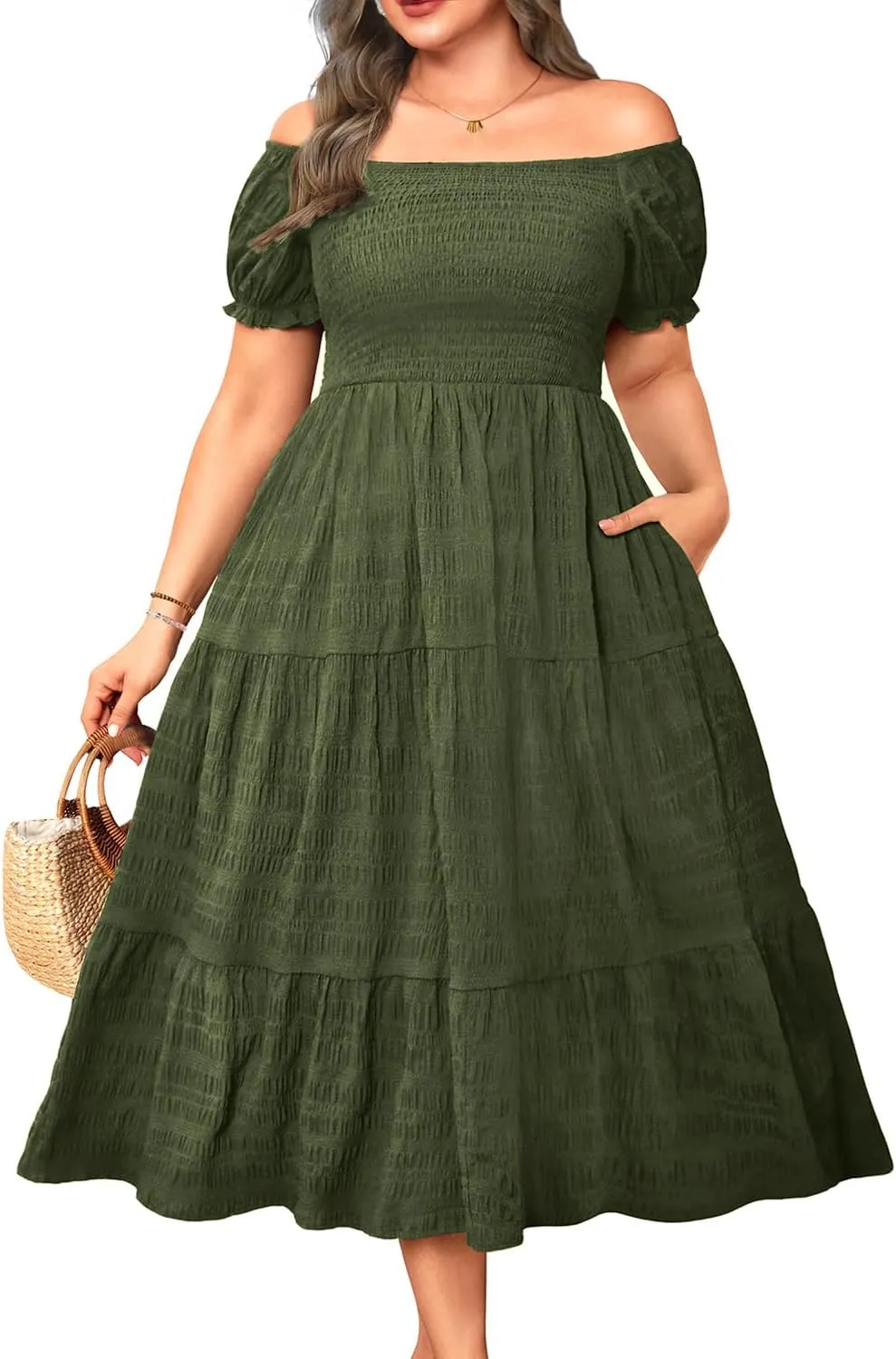 Pinup Fashion Plus Size Summer Dresses - Off Shoulder Casual Graduation Baby Shower Long Sun Dress with Pockets