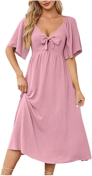 Plus Size Dresses for Curvy Women Summer Casual Deep V Neck Elegant Bow Tie Ruffle Sleeves Flowy A-Line Midi Dress
