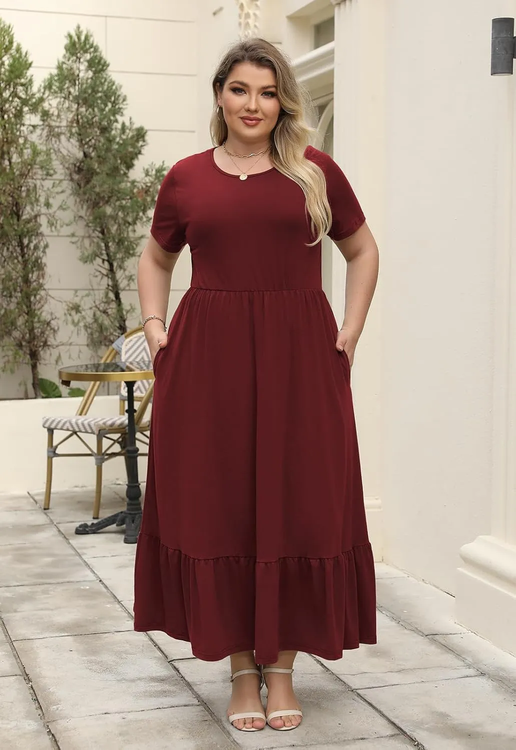 Plus Size Summer Maxi Dress for Curvy Women A-Line Swing T-Shirt Dress with Pockets Casual Everyday Wear ELG002