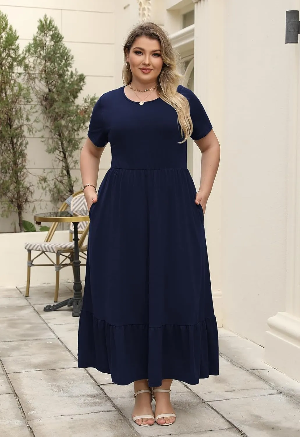 Plus Size Summer Maxi Dress for Curvy Women A-Line Swing T-Shirt Dress with Pockets Casual Everyday Wear ELG002