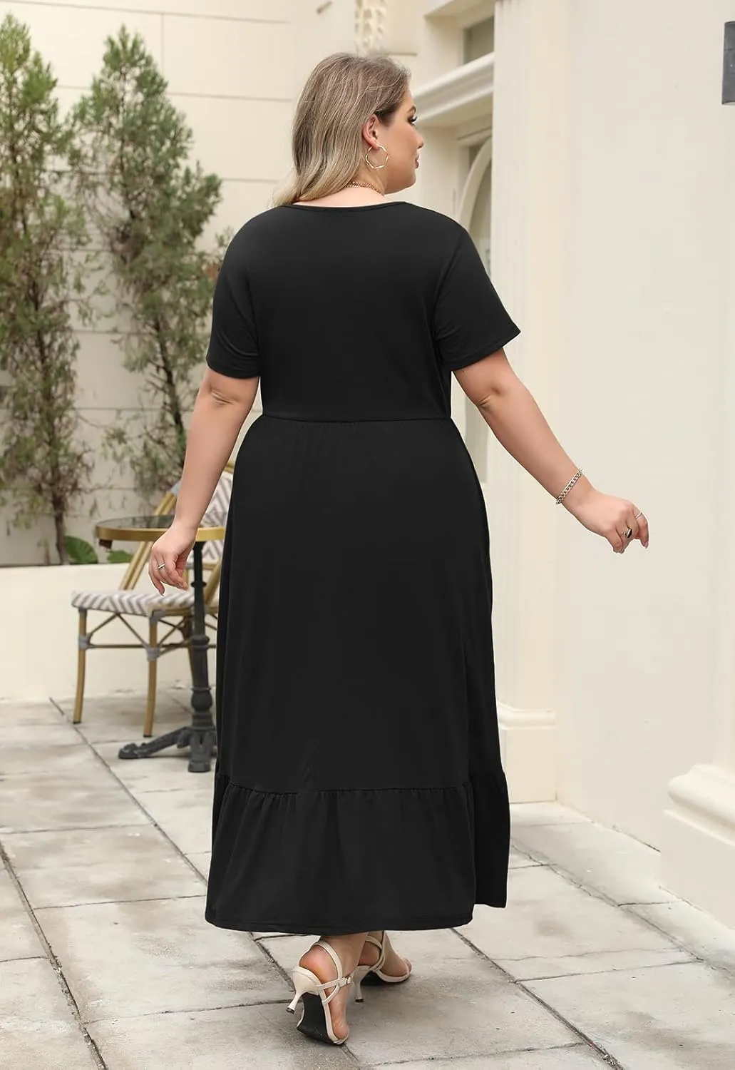 Plus Size Summer Maxi Dress for Curvy Women A-Line Swing T-Shirt Dress with Pockets Casual Everyday Wear ELG002