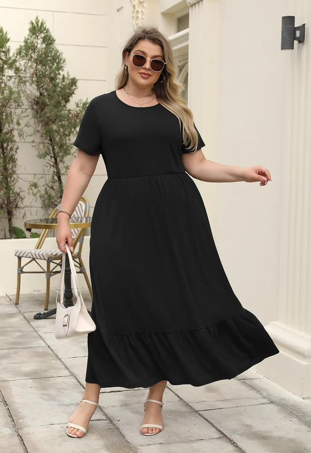 Plus Size Summer Maxi Dress for Curvy Women A-Line Swing T-Shirt Dress with Pockets Casual Everyday Wear ELG002