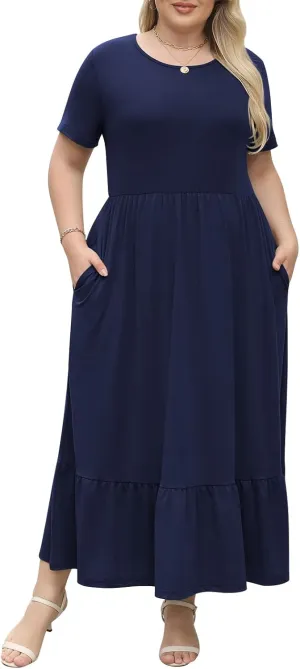Plus Size Summer Maxi Dress for Curvy Women A-Line Swing T-Shirt Dress with Pockets Casual Everyday Wear ELG002