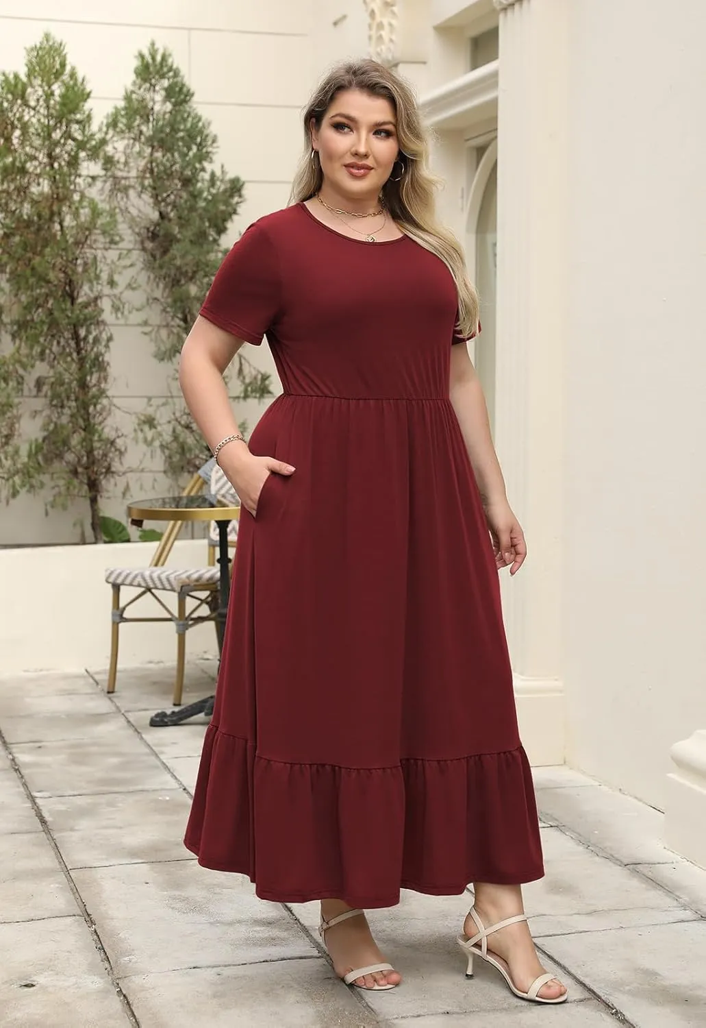 Plus Size Summer Maxi Dress for Curvy Women A-Line Swing T-Shirt Dress with Pockets Casual Everyday Wear ELG002