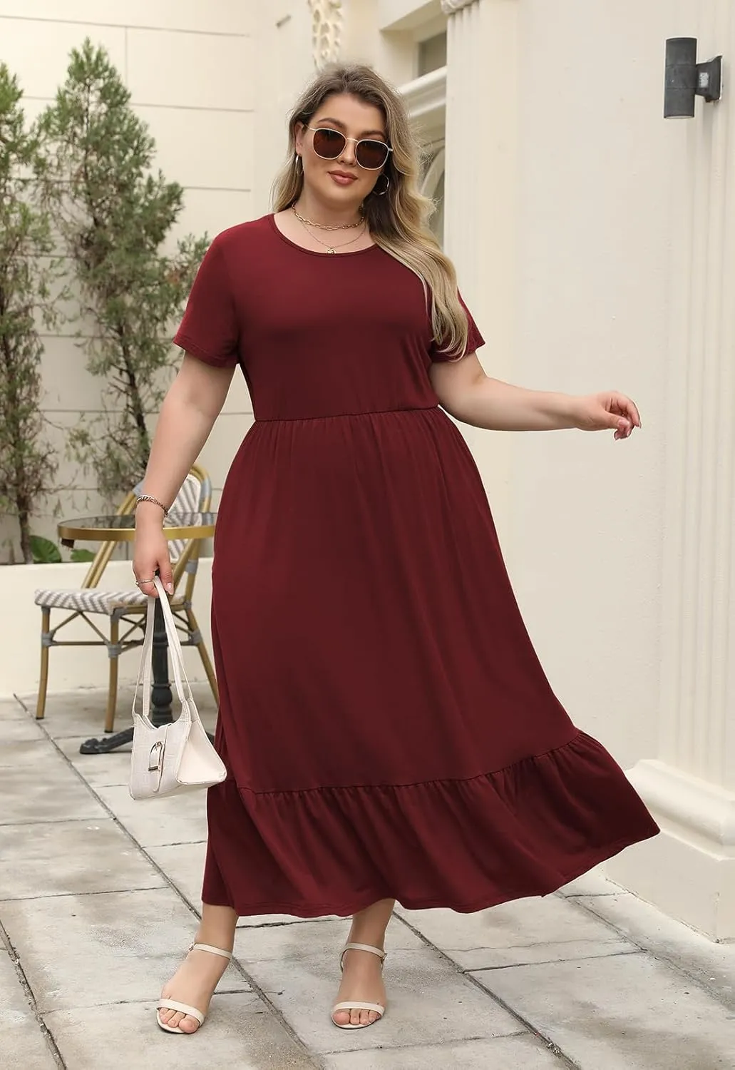 Plus Size Summer Maxi Dress for Curvy Women A-Line Swing T-Shirt Dress with Pockets Casual Everyday Wear ELG002
