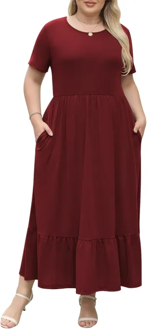 Plus Size Summer Maxi Dress for Curvy Women A-Line Swing T-Shirt Dress with Pockets Casual Everyday Wear ELG002