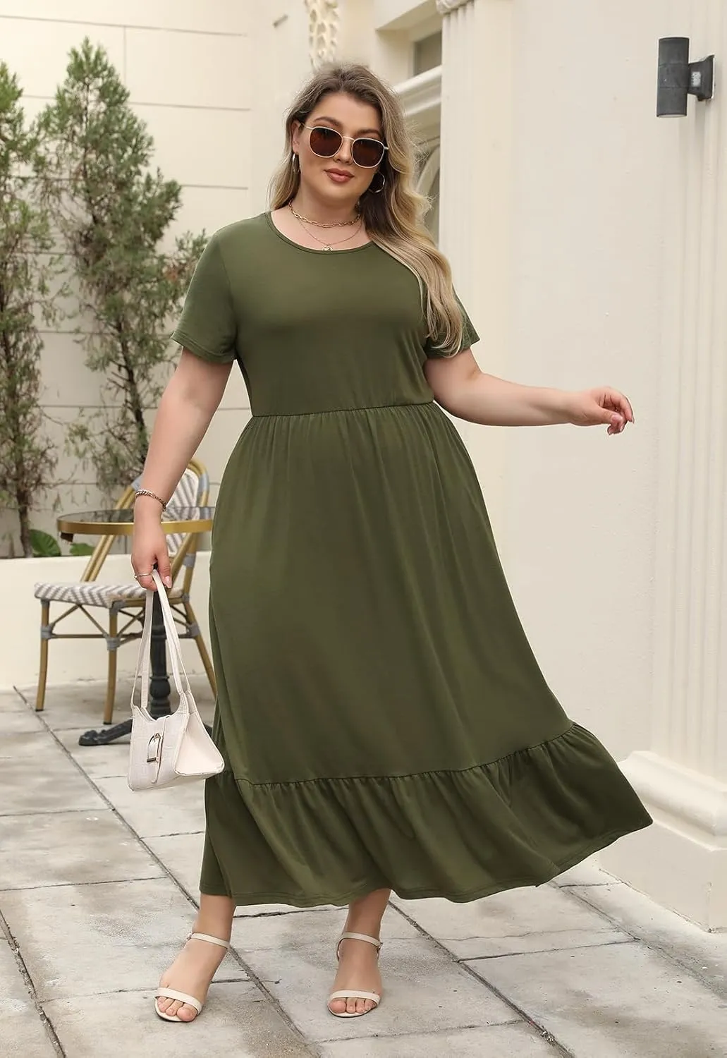 Plus Size Summer Maxi Dress for Curvy Women A-Line Swing T-Shirt Dress with Pockets Casual Everyday Wear ELG002