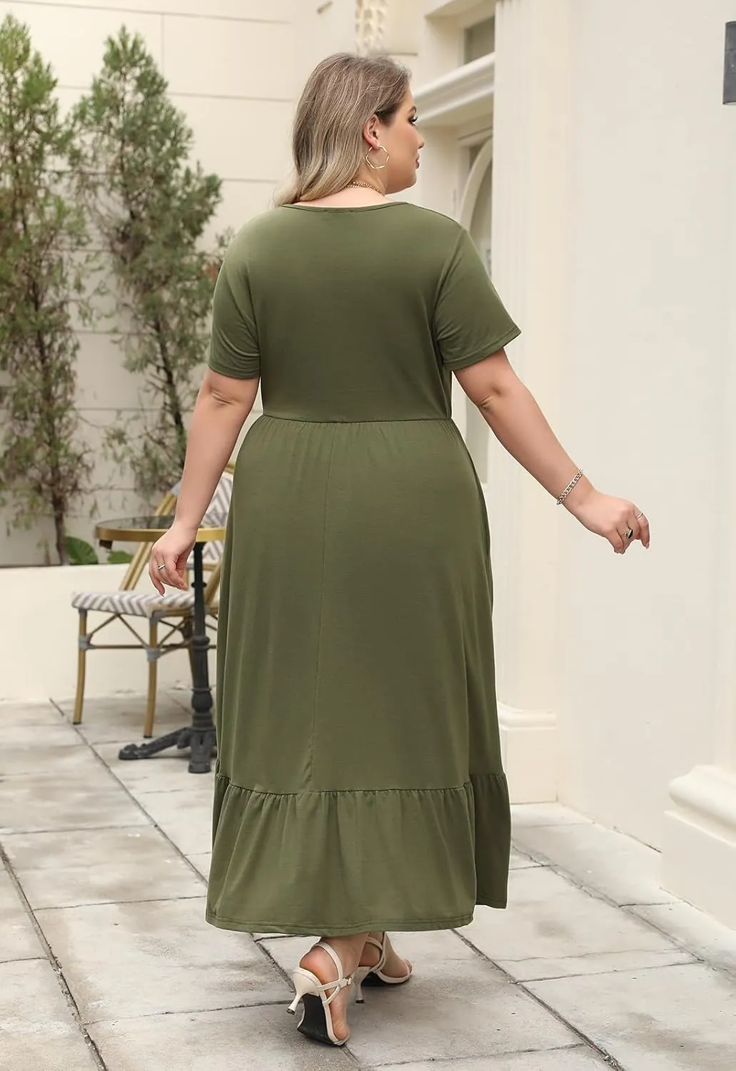 Plus Size Summer Maxi Dress for Curvy Women A-Line Swing T-Shirt Dress with Pockets Casual Everyday Wear ELG002
