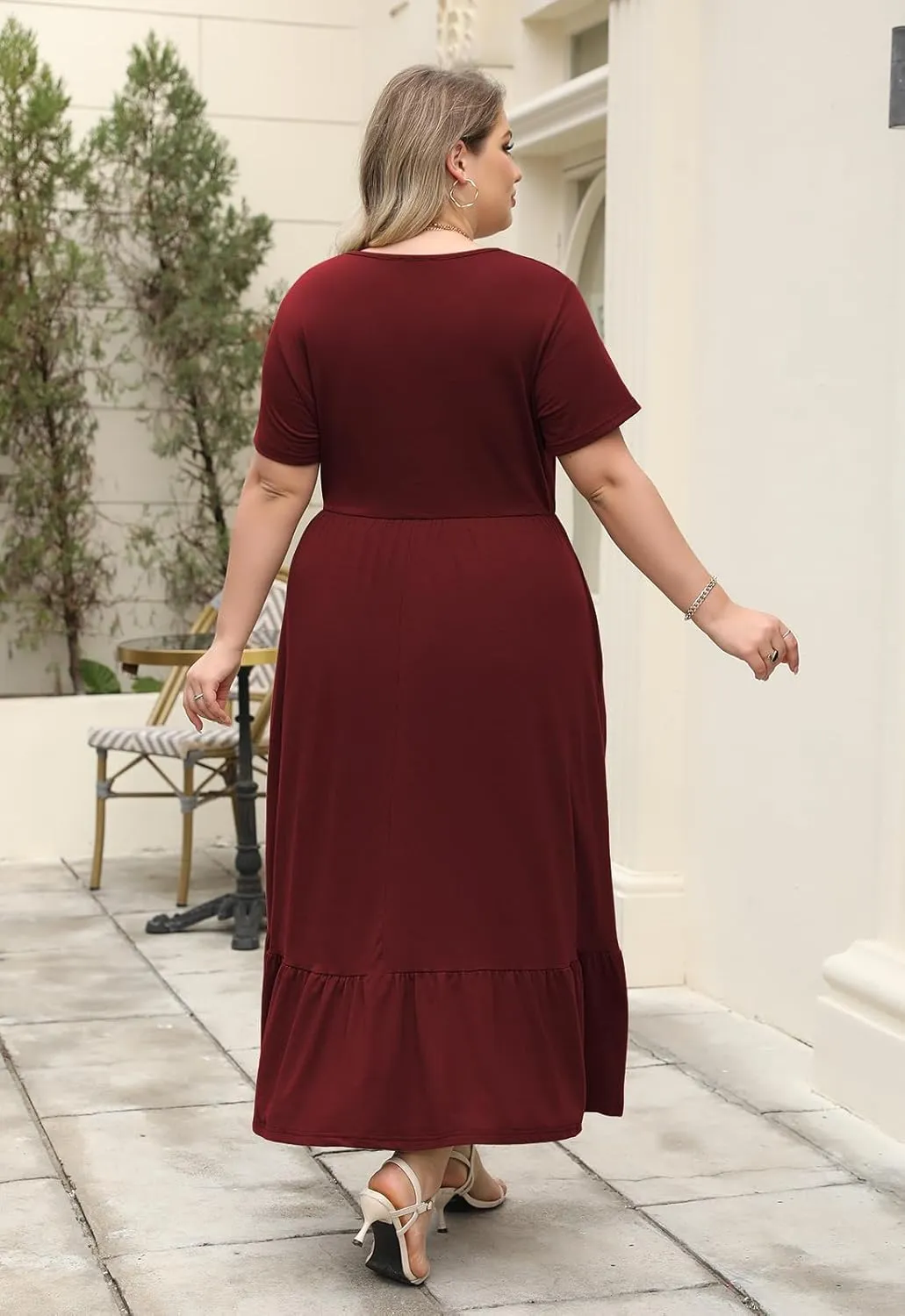 Plus Size Summer Maxi Dress for Curvy Women A-Line Swing T-Shirt Dress with Pockets Casual Everyday Wear ELG002