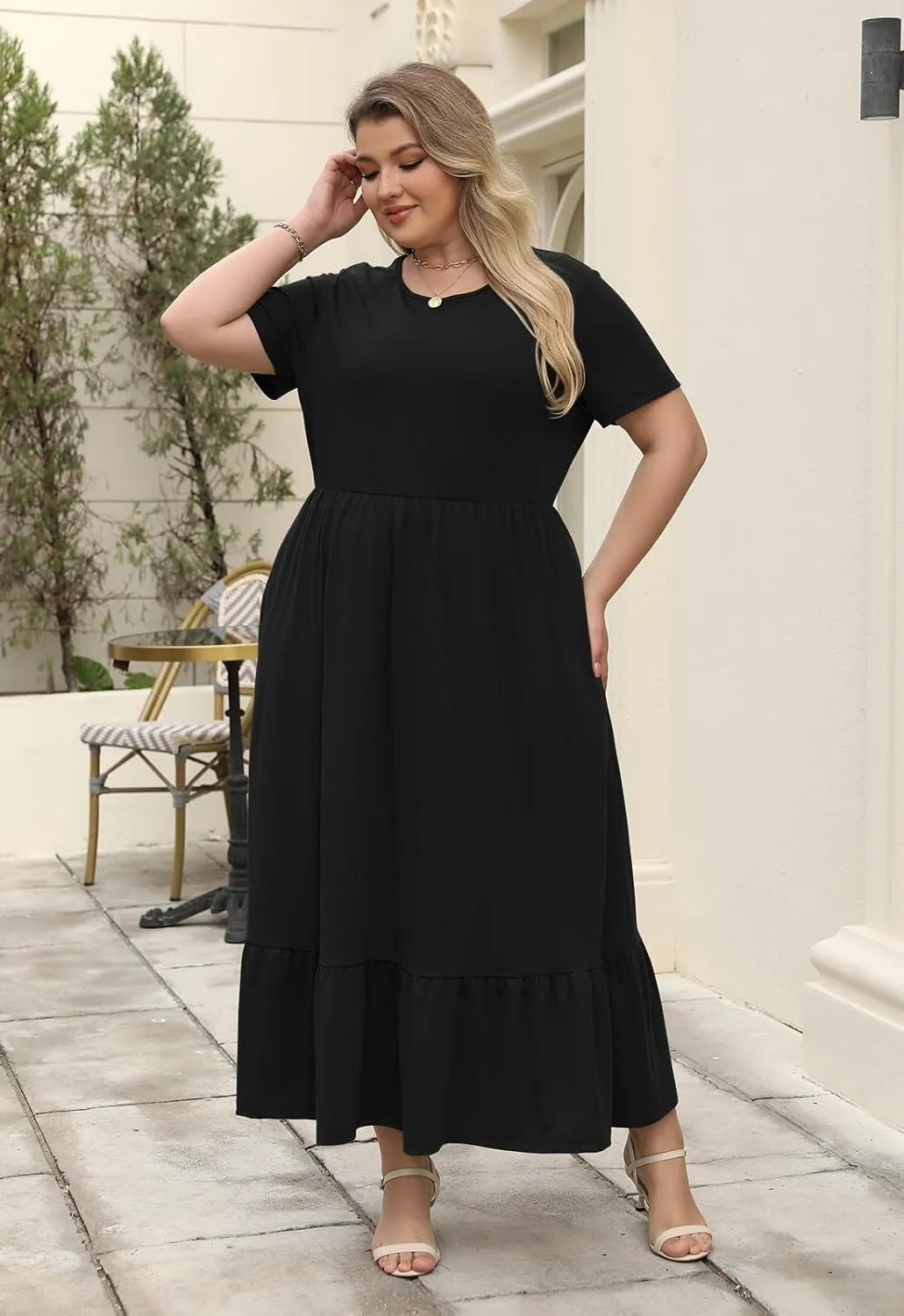 Plus Size Summer Maxi Dress for Curvy Women A-Line Swing T-Shirt Dress with Pockets Casual Everyday Wear ELG002