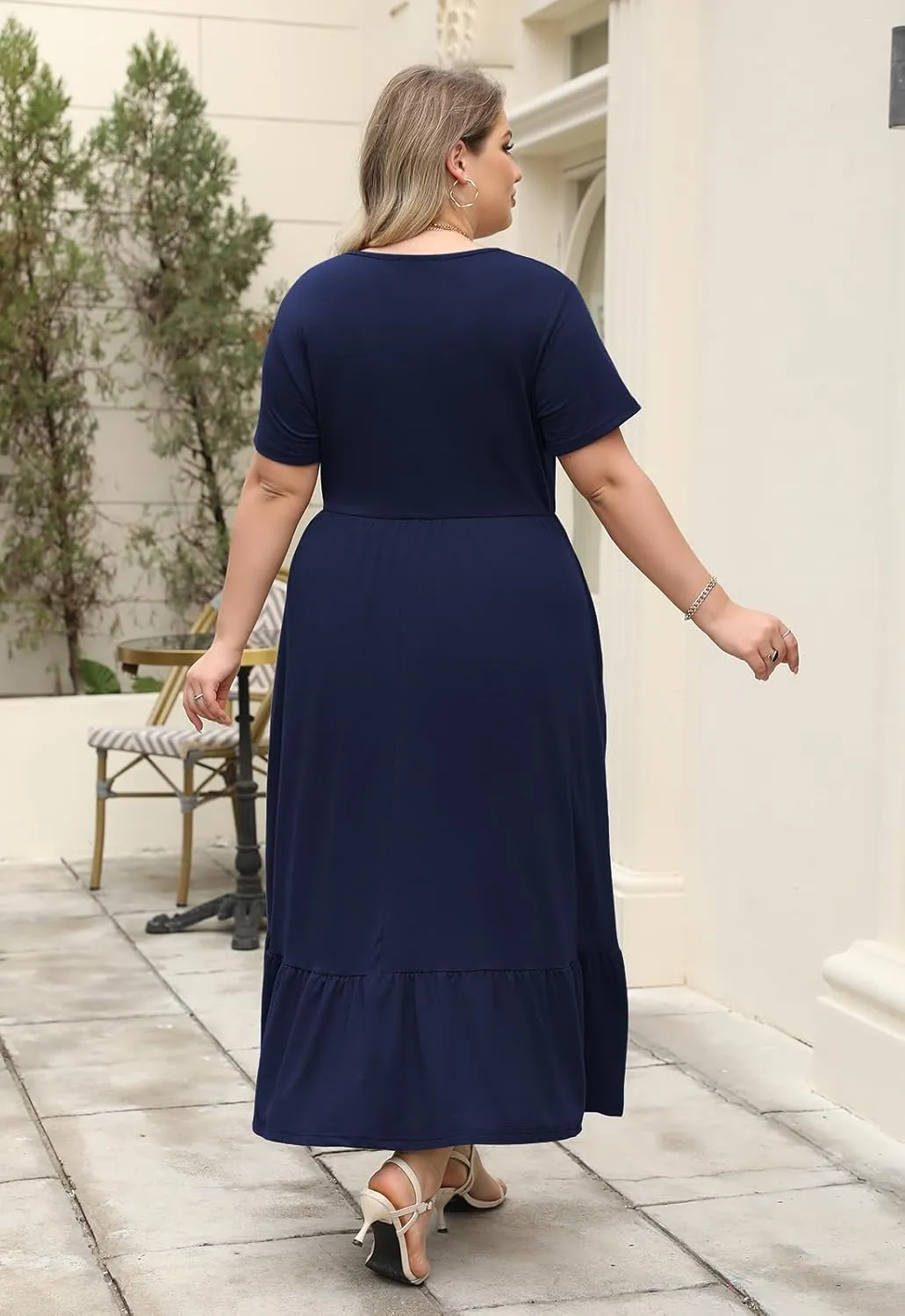Plus Size Summer Maxi Dress for Curvy Women A-Line Swing T-Shirt Dress with Pockets Casual Everyday Wear ELG002