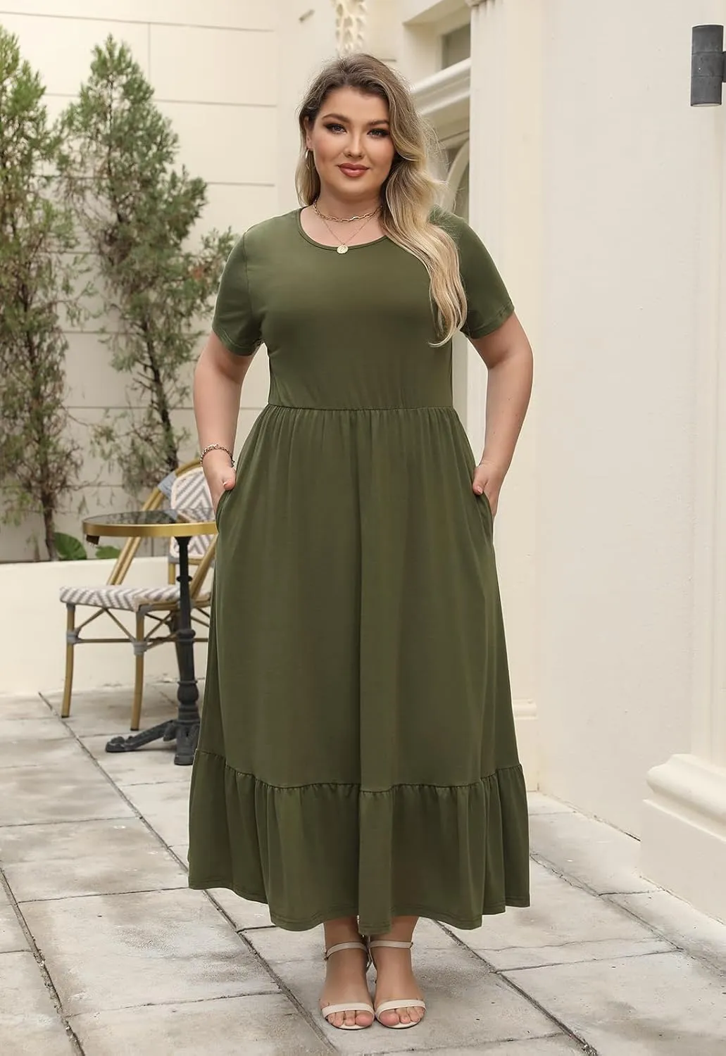 Plus Size Summer Maxi Dress for Curvy Women A-Line Swing T-Shirt Dress with Pockets Casual Everyday Wear ELG002