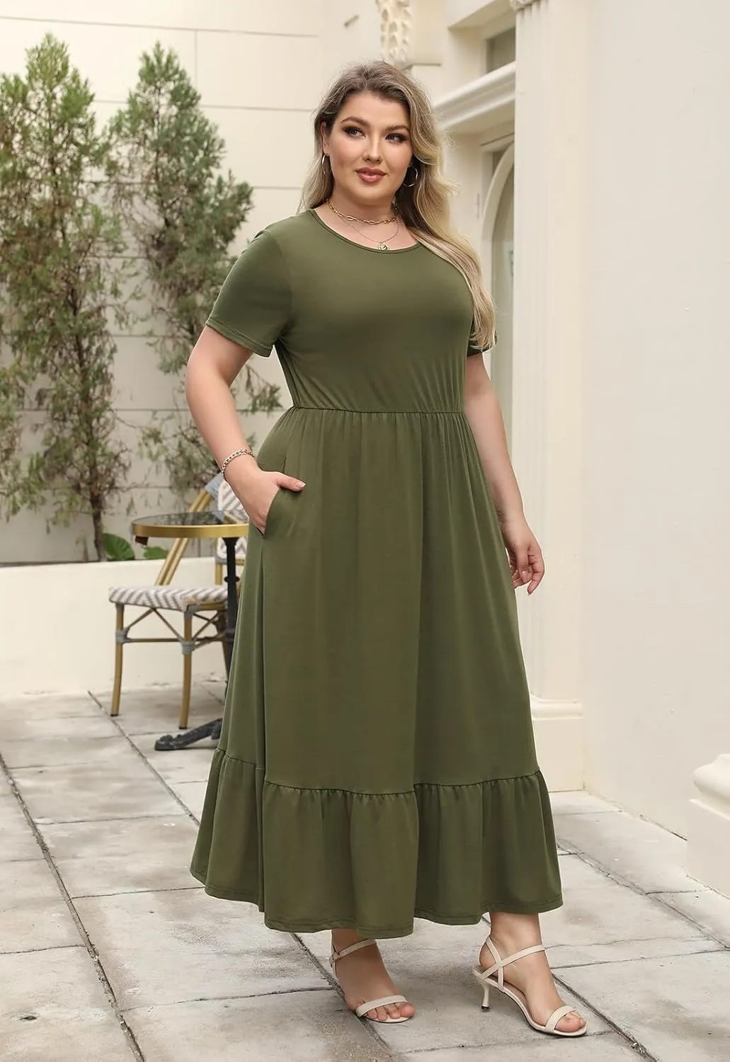 Plus Size Summer Maxi Dress for Curvy Women A-Line Swing T-Shirt Dress with Pockets Casual Everyday Wear ELG002