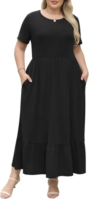 Plus Size Summer Maxi Dress for Curvy Women A-Line Swing T-Shirt Dress with Pockets Casual Everyday Wear ELG002