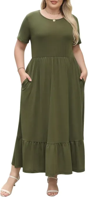 Plus Size Summer Maxi Dress for Curvy Women A-Line Swing T-Shirt Dress with Pockets Casual Everyday Wear ELG002