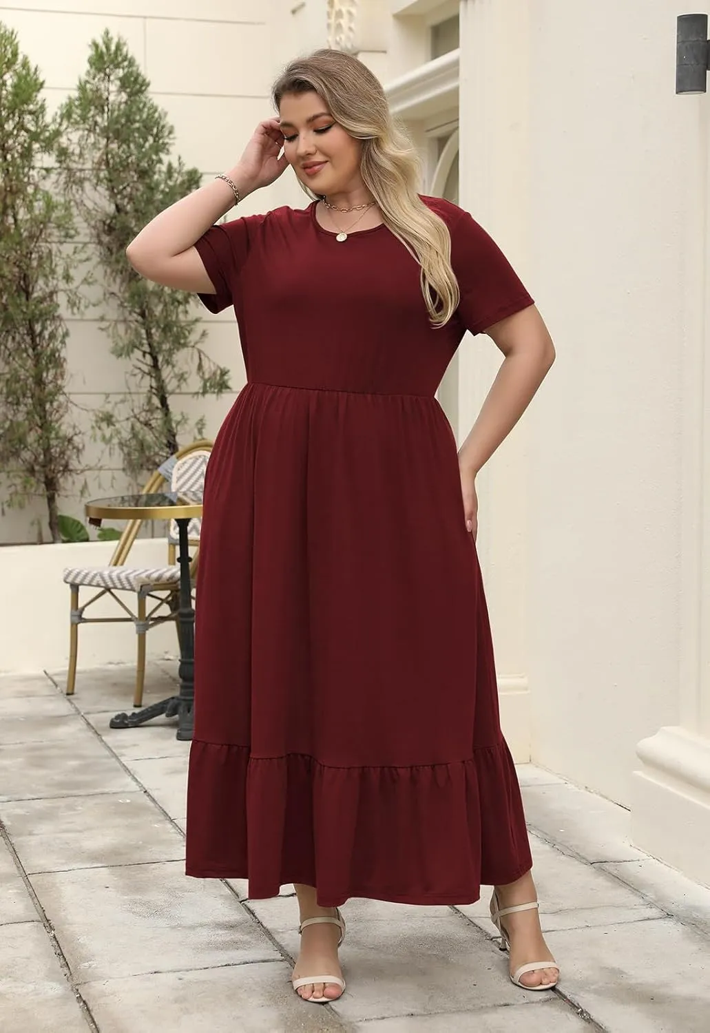 Plus Size Summer Maxi Dress for Curvy Women A-Line Swing T-Shirt Dress with Pockets Casual Everyday Wear ELG002