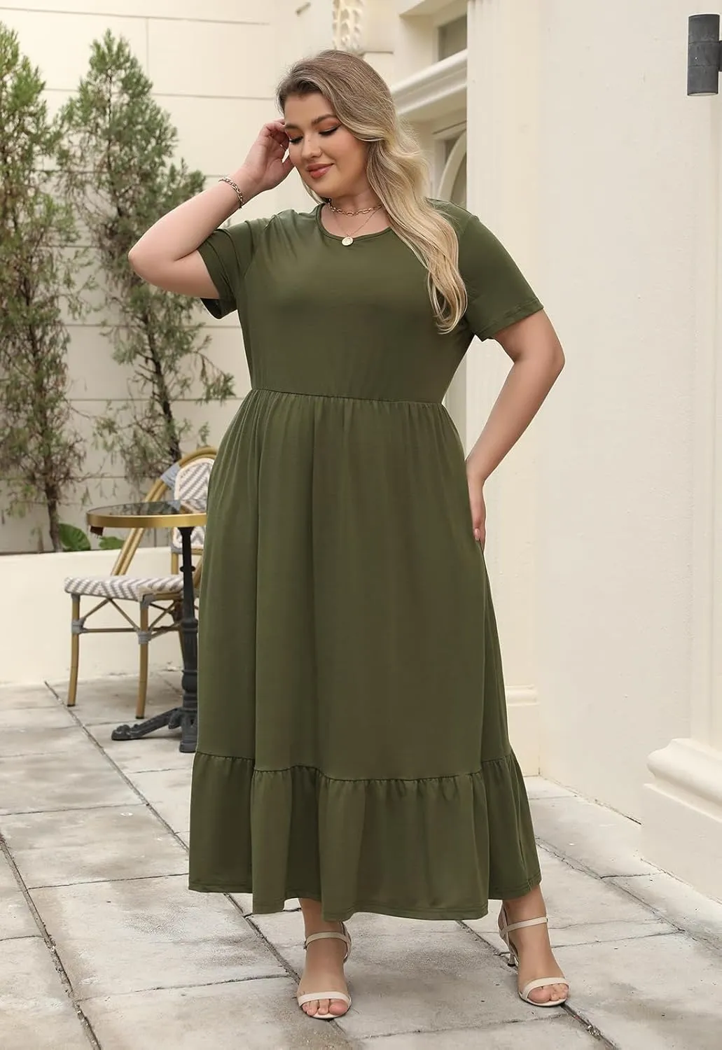 Plus Size Summer Maxi Dress for Curvy Women A-Line Swing T-Shirt Dress with Pockets Casual Everyday Wear ELG002