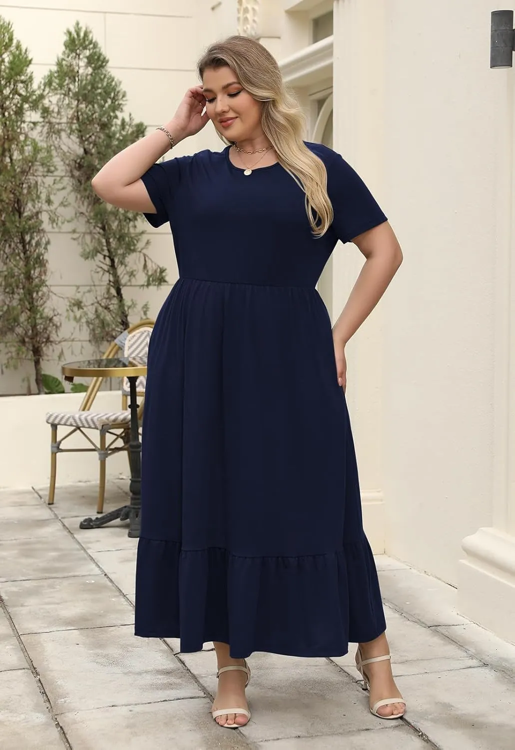 Plus Size Summer Maxi Dress for Curvy Women A-Line Swing T-Shirt Dress with Pockets Casual Everyday Wear ELG002