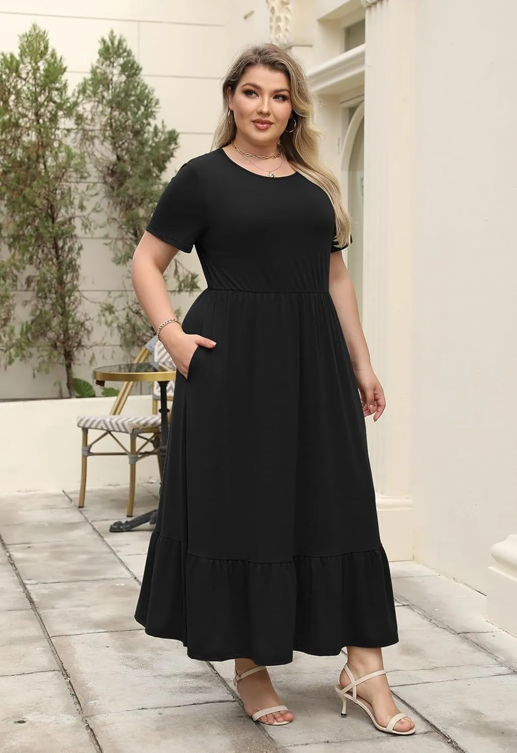 Plus Size Summer Maxi Dress for Curvy Women A-Line Swing T-Shirt Dress with Pockets Casual Everyday Wear ELG002