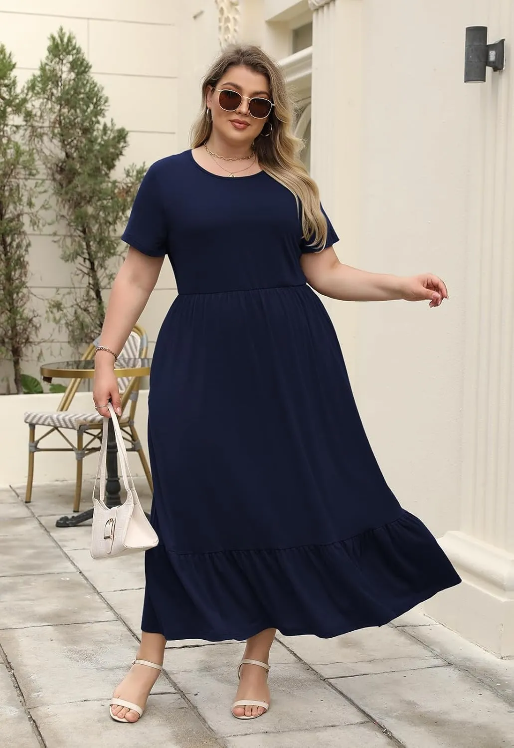 Plus Size Summer Maxi Dress for Curvy Women A-Line Swing T-Shirt Dress with Pockets Casual Everyday Wear ELG002