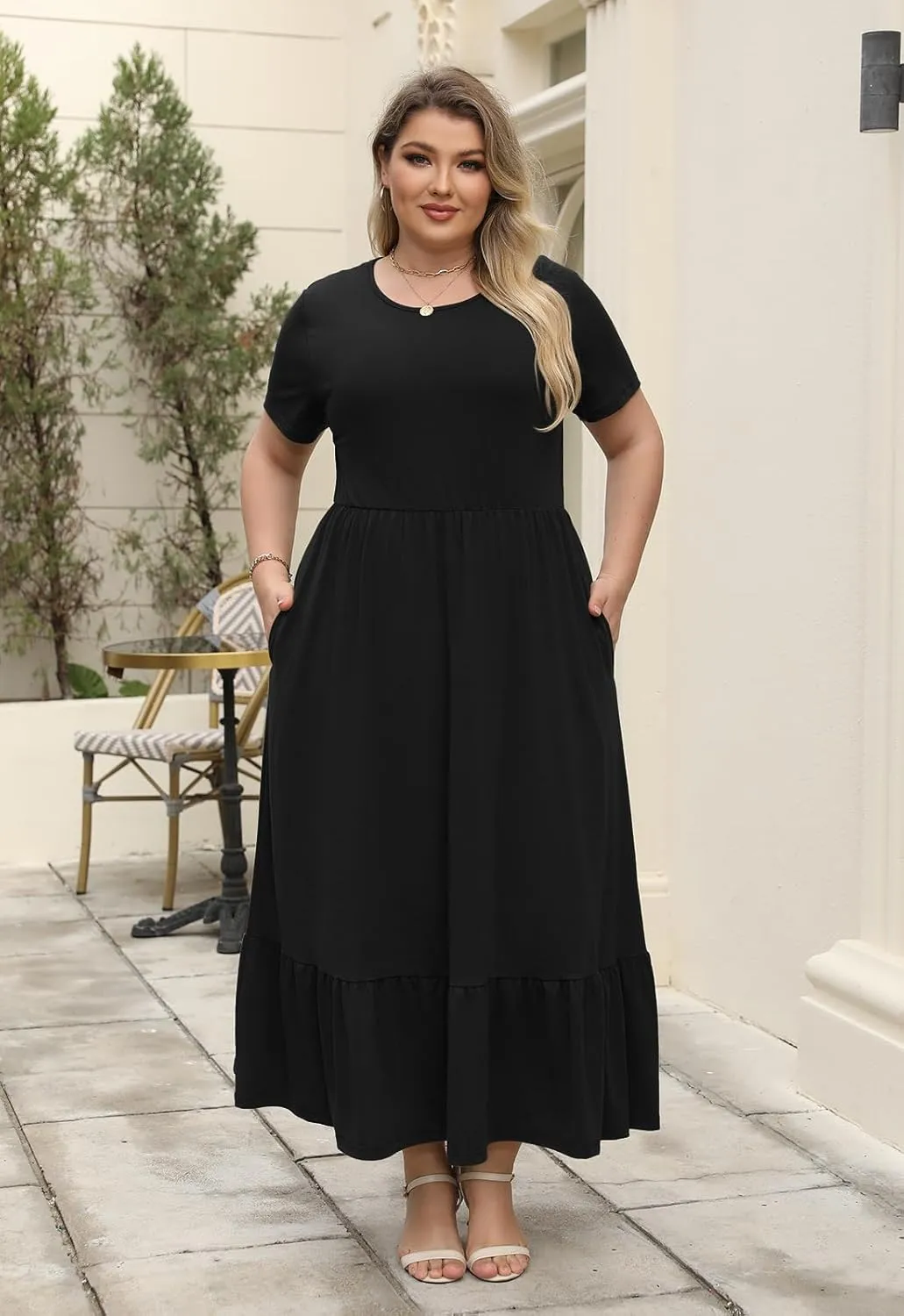 Plus Size Summer Maxi Dress for Curvy Women A-Line Swing T-Shirt Dress with Pockets Casual Everyday Wear ELG002