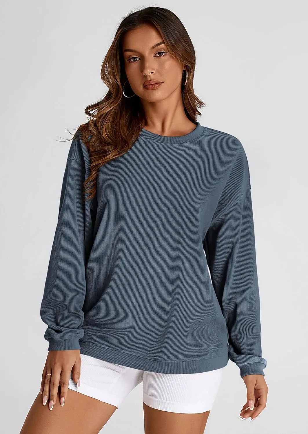 PRETTYGARDEN Women's Oversized Sweatshirt Ribbed Corduroy Crewneck Long Sleeve Loose Fit Casual Going Out Pullover Tops