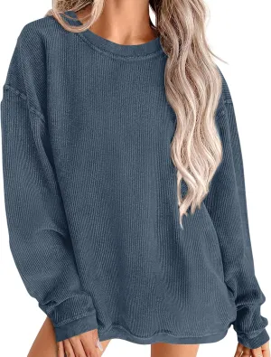 PRETTYGARDEN Women's Oversized Sweatshirt Ribbed Corduroy Crewneck Long Sleeve Loose Fit Casual Going Out Pullover Tops