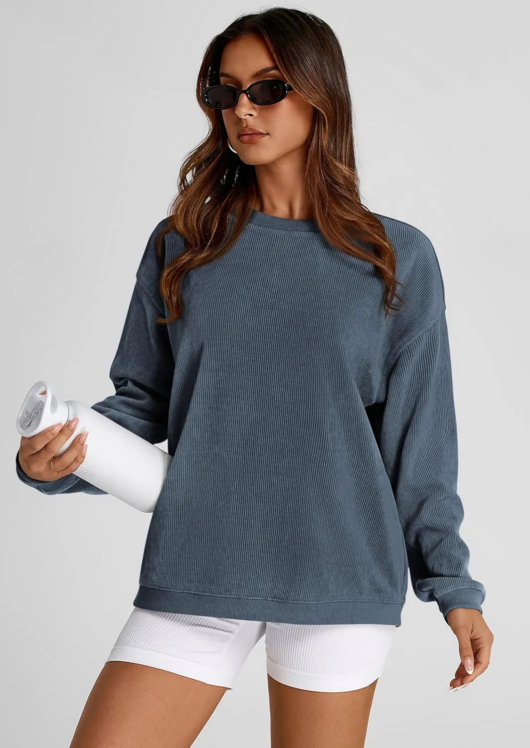PRETTYGARDEN Women's Oversized Sweatshirt Ribbed Corduroy Crewneck Long Sleeve Loose Fit Casual Going Out Pullover Tops