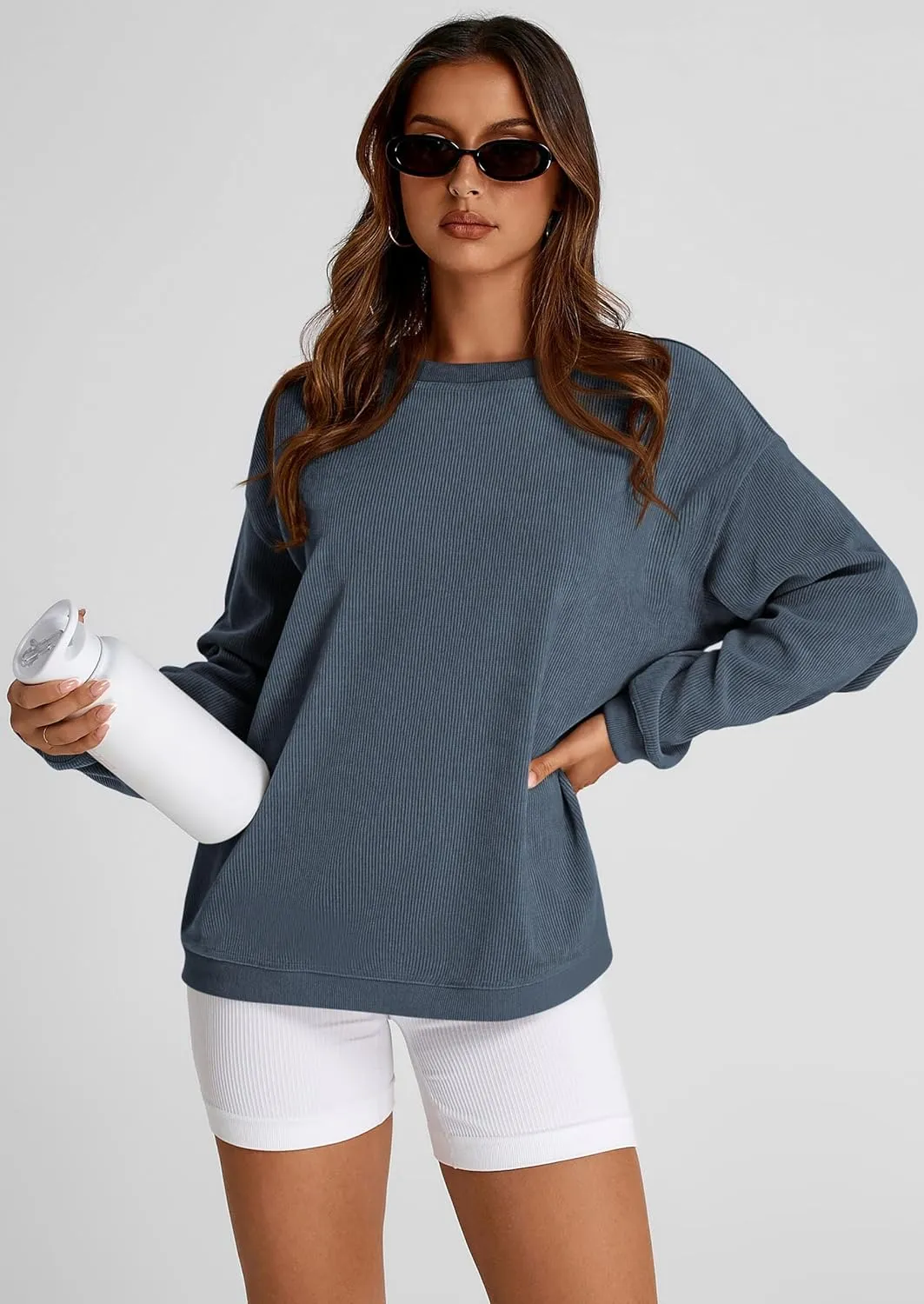 PRETTYGARDEN Women's Oversized Sweatshirt Ribbed Corduroy Crewneck Long Sleeve Loose Fit Casual Going Out Pullover Tops