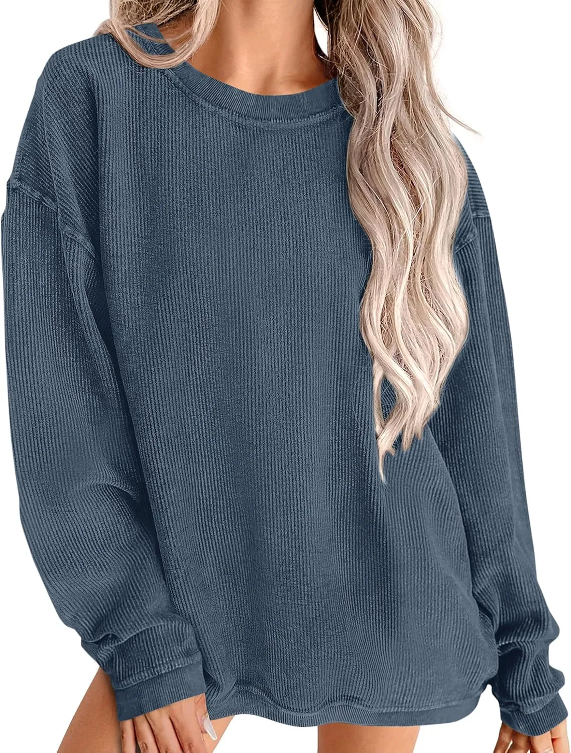 PRETTYGARDEN Women's Oversized Sweatshirt Ribbed Corduroy Crewneck Long Sleeve Loose Fit Casual Going Out Pullover Tops