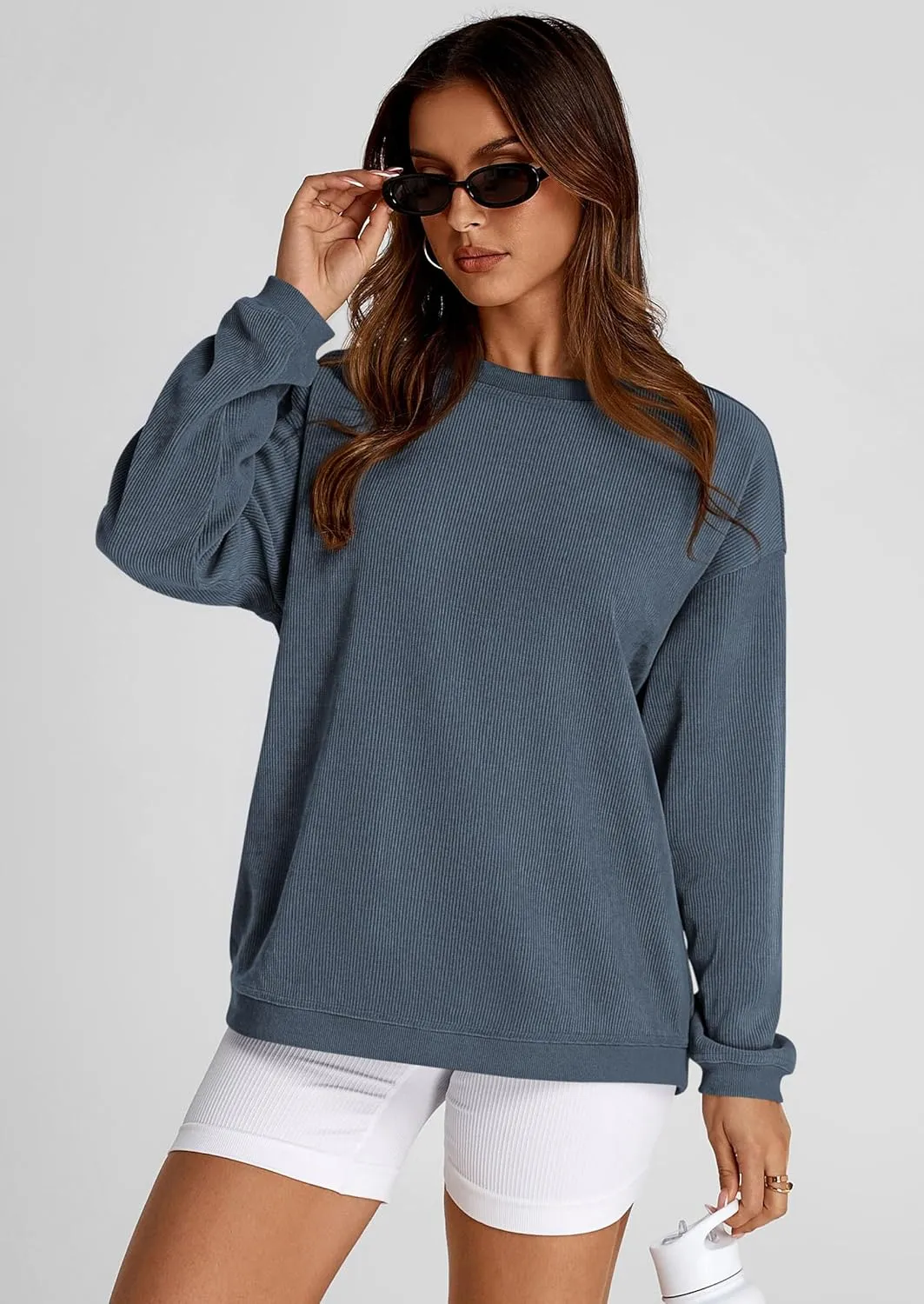 PRETTYGARDEN Women's Oversized Sweatshirt Ribbed Corduroy Crewneck Long Sleeve Loose Fit Casual Going Out Pullover Tops