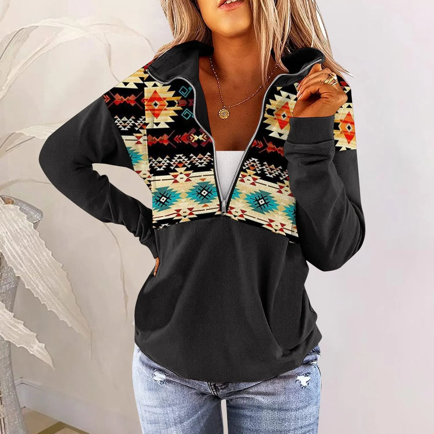 Quarter Zip Pullover Women, Cow Print Patchwork Sweatshirt Long Sleeve Lapel Jacket Tops Casual Loose Coat Outwear