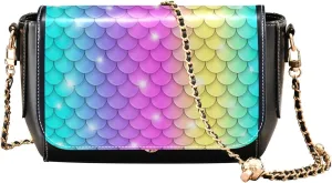 Rainbow Mermaid Scale Women Shoulder Leather Bags Black Women Crossbody Bag Purses Tote Satchel with Chain Strap
