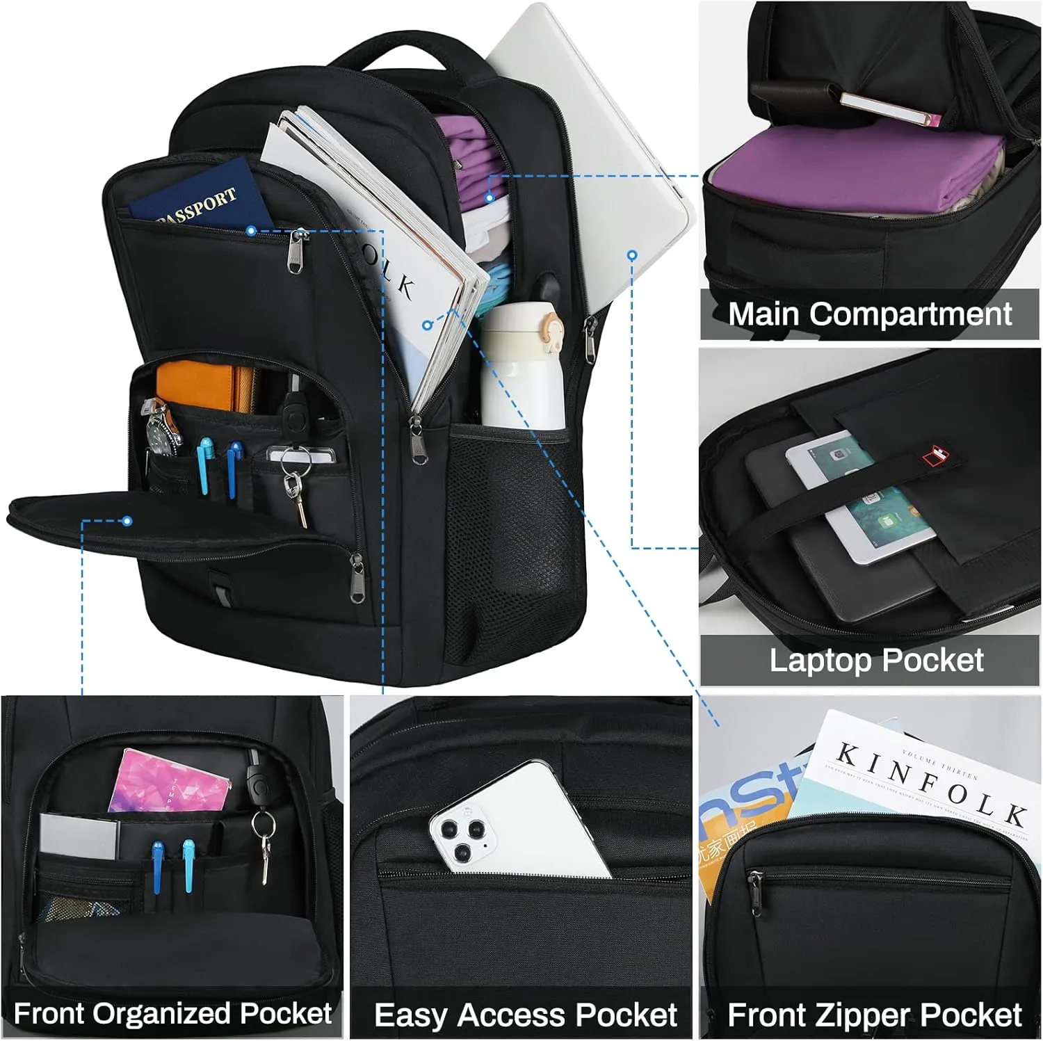 RAINSMORE Laptop Backpack 17 Inch Large Travel Backpack for Men Women Waterproof Computer Work Business College Bookbag TSA Friendly Carry on Backpack with USB Port, Black