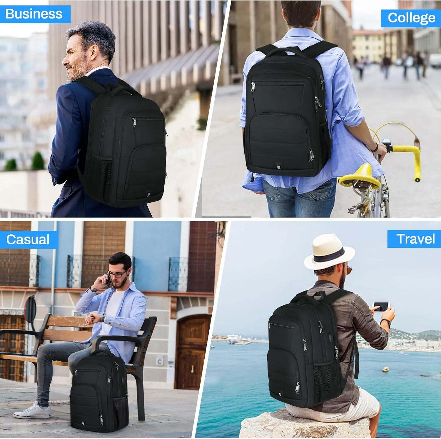 RAINSMORE Laptop Backpack 17 Inch Large Travel Backpack for Men Women Waterproof Computer Work Business College Bookbag TSA Friendly Carry on Backpack with USB Port, Black