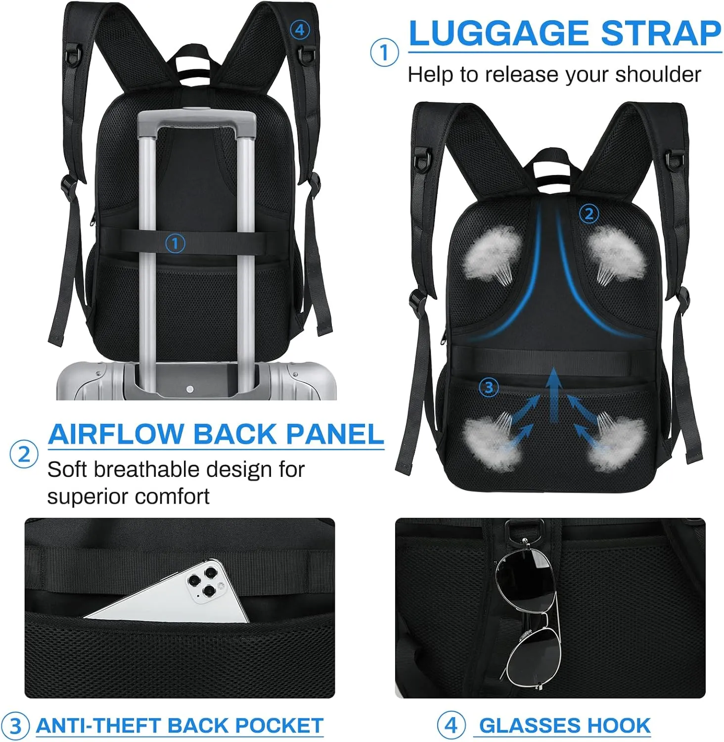 RAINSMORE Laptop Backpack 17 Inch Large Travel Backpack for Men Women Waterproof Computer Work Business College Bookbag TSA Friendly Carry on Backpack with USB Port, Black