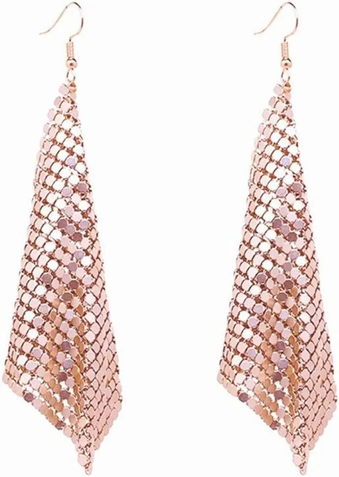 Rectangle Dangle Lightweight Mesh Tassel Sequin Long Drop Earrings