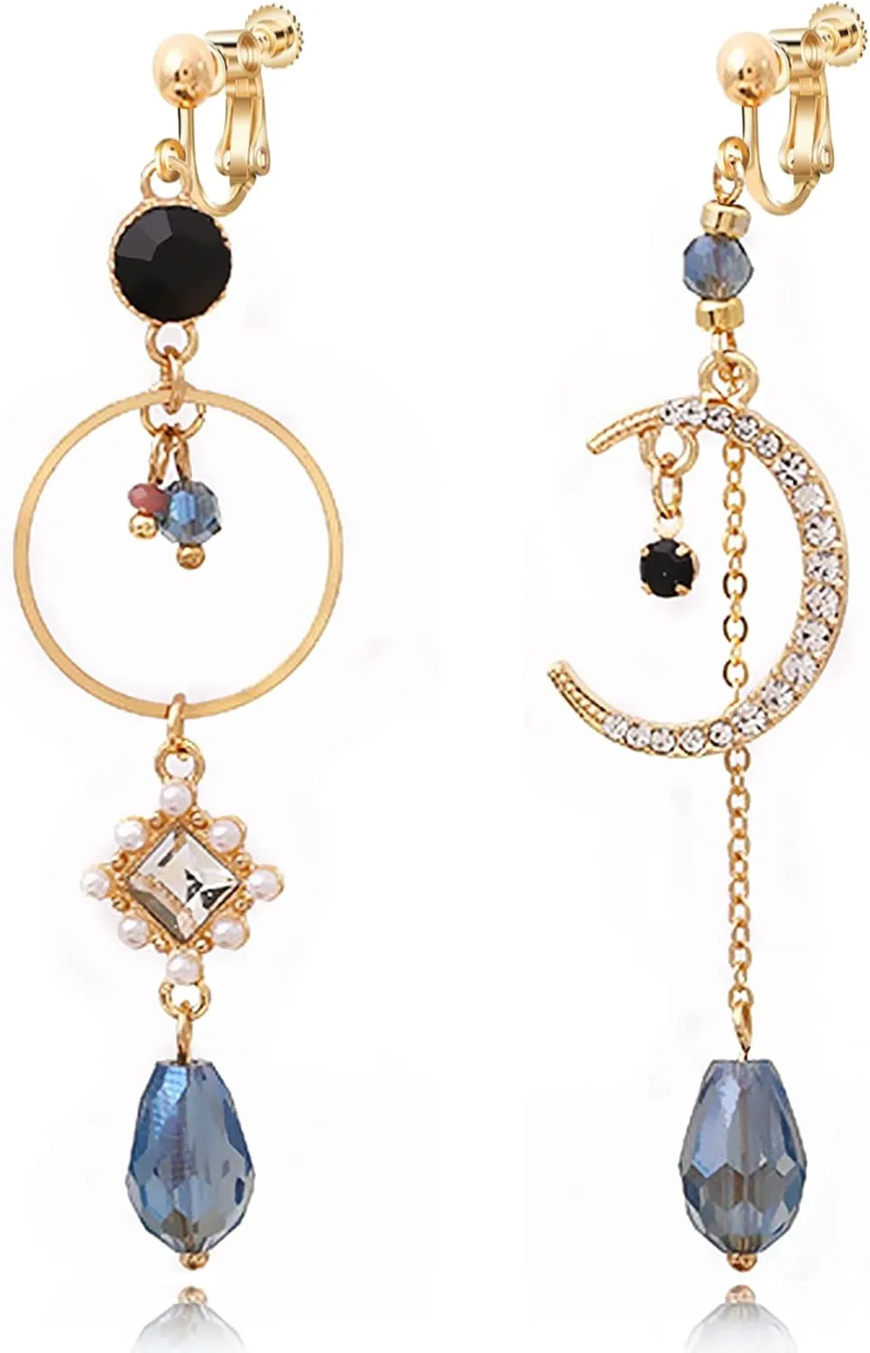 REELMAR Clip on Earrings for Women Dangle Asymmetrical Sun and Moon Earrings Gold Long Boho Earrings Dangling Chain Drops Bohemian Statement Earrings Jewelry