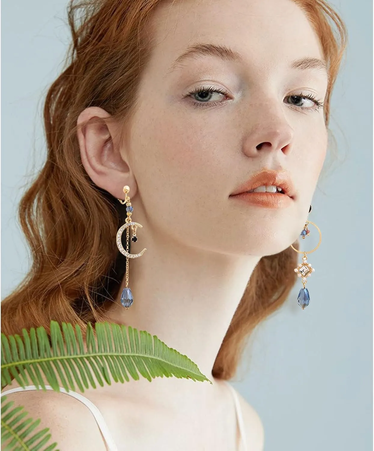 REELMAR Clip on Earrings for Women Dangle Asymmetrical Sun and Moon Earrings Gold Long Boho Earrings Dangling Chain Drops Bohemian Statement Earrings Jewelry